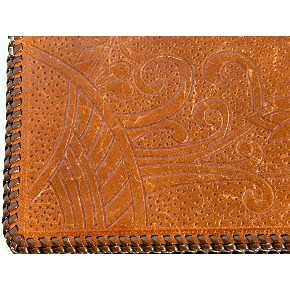 Vintage Tooled Leather Checkbook Wallet Brown Floral Design Hand Stitched - Picture 2 of 12